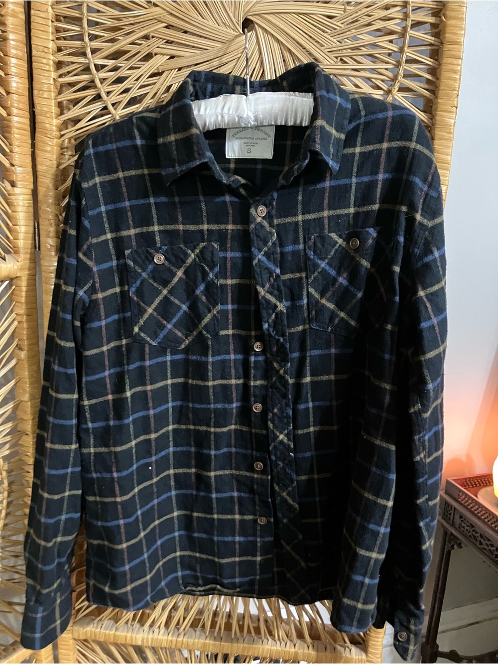 Threads 4 Thought Black Plaid Button-Up Shirt with Blue and Tan Lines